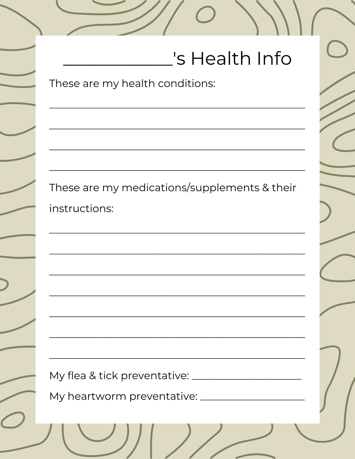 Topographic Pet Care Binder Printable