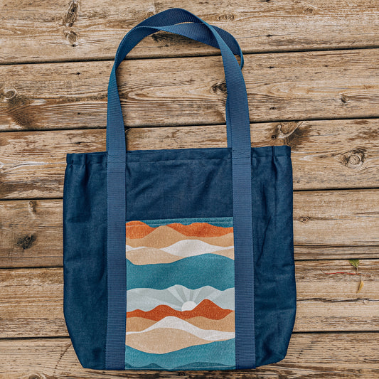 Navy mountain canvas tote bag